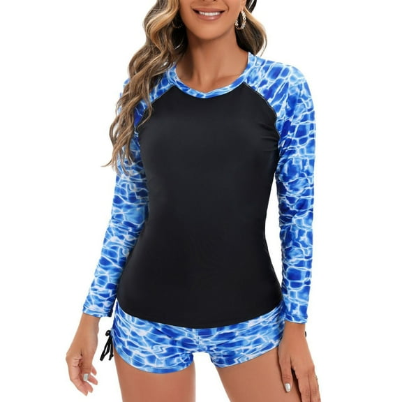 SWSMCLT Women's Beach Swimsuit Short 2 Piece Soft Boyshort Rash Guard Surf Summer Fall Long Sleeve Mid Rise Padded Black 6