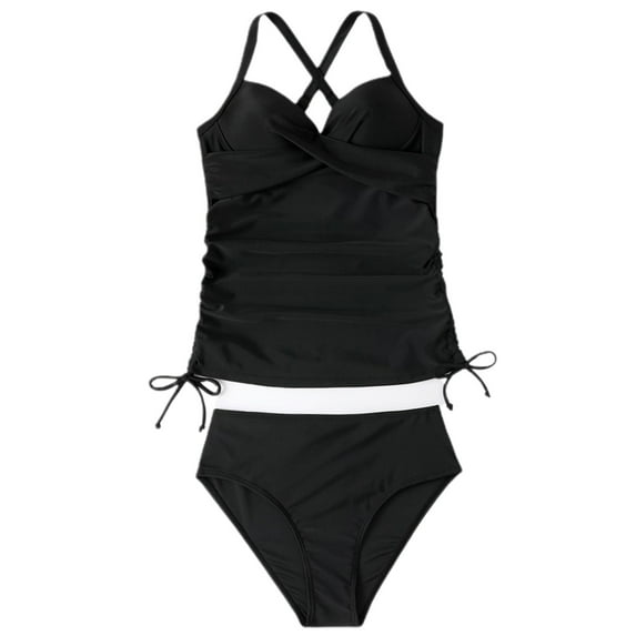 SWSMCLT Women's Beach Tankini Bathing Suit Padded Slimming Fall Casual Soft Trendy Two Piece V Neck 2 Piece Sexy Ruched Black 14