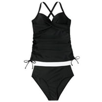 SWSMCLT Women's Beach Tankini Bathing Suit Padded Slimming Fall Casual Soft Trendy Two Piece V Neck 2 Piece Sexy Ruched Black 4-6