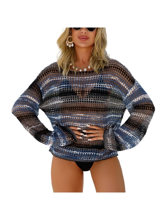 Women's Beach Top Sexy Bathing Suit Fishnet Summer Cover Up See Through Long Sleeve Crochet Oversized Black Small