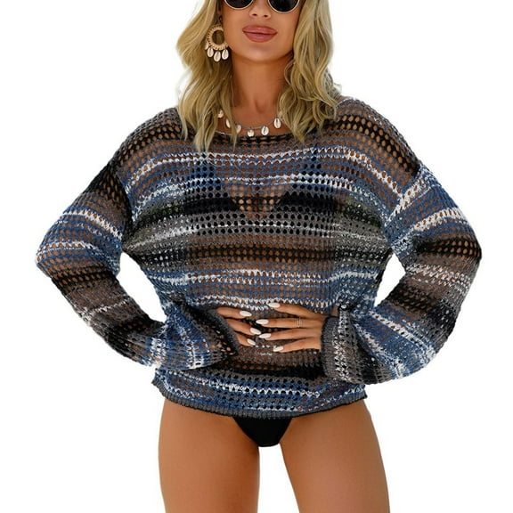 SWSMCLT Women's Beach Top Sexy Bathing Suit Fishnet Summer Cover Up See Through Long Sleeve Crochet Oversized Black X-Large