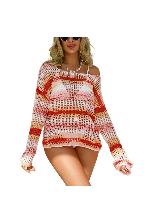 Women's Beach Top Sexy Bathing Suit Fishnet Summer Cover Up See Through Long Sleeve Crochet Oversized Red Large