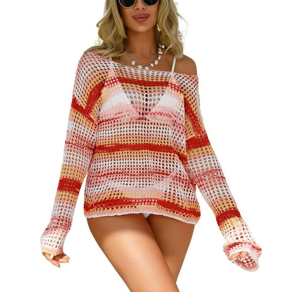 SWSMCLT Women's Beach Top Sexy Bathing Suit Fishnet Summer Cover Up See Through Long Sleeve Crochet Oversized Red X-Large