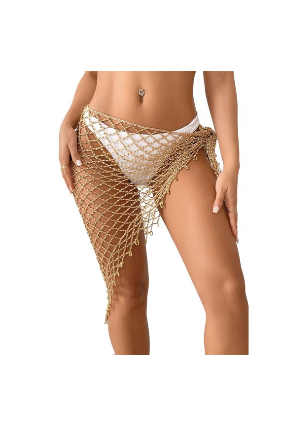 Women's Bead Spring Break Breathable Knit Fall Cut Out Beachwear Bikini Cover Up Cable Knit Above Knee Crochet Khaki One Size