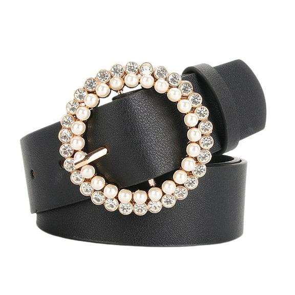 SWSMCLT Women's Beaded Jeweled Round Casual Faux Leather Belt Fashion Belt Pearl Rhinestone Glitter Elegant Chunky Belt Black One Size