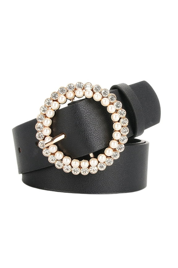 Women's Beaded Jeweled Round Casual Faux Leather Belt Fashion Belt Pearl Rhinestone Glitter Elegant Chunky Belt Black One Size