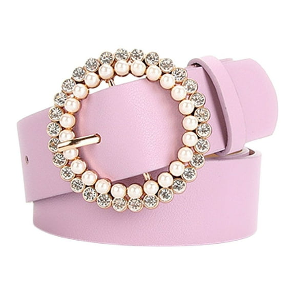 SWSMCLT Women's Beaded Jeweled Round Casual Faux Leather Belt Fashion Belt Pearl Rhinestone Glitter Elegant Chunky Belt Purple One Size