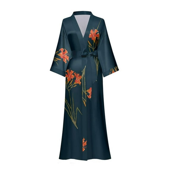 SWSMCLT Women's Belt Bath Robe Calf Length Bathrobe Medium Bathrobes Bridal Chic Drop Shoulder Comfy Luxury Navy Small-X-Large