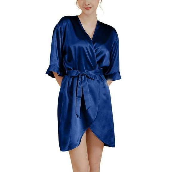 SWSMCLT Women's Belt Bathrobe Chic Bath Robe Billowy Cool Curvy Falbala Fall Loungewear Elbow Sleeve Medium Blue Small