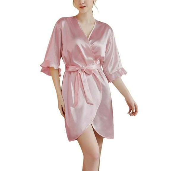 SWSMCLT Women's Belt Bathrobe Chic Bath Robe Billowy Cool Curvy Falbala Fall Loungewear Elbow Sleeve Medium Coral XX-Large