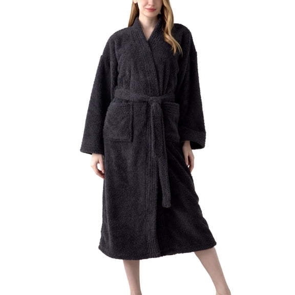 SWSMCLT Women's Belt Fleece Bath Robe Chic Bathrobes Chunky Long Sleeve Loungewear Calf Length Fall Cold Weather Dark Grey Small