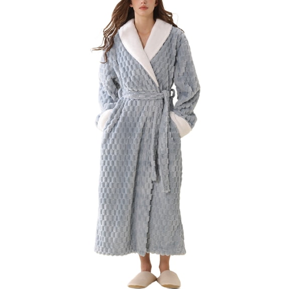 SWSMCLT Women's Belt Fleece Bathrobe Billowy Fuzzy Long Robe Chic Cold Weather Ankle Comfy Lapel Plush Medium Nightwear Blue Small