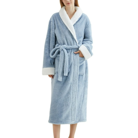 SWSMCLT Women's Belt Fleece Bathrobe Calf Length Chic Lapel Long Sleeve Bath Bathrobes Chunky Cold Weather Robe Blue Small