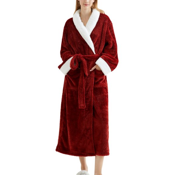 SWSMCLT Women's Belt Fleece Bathrobe Calf Length Chic Lapel Long Sleeve Bath Bathrobes Chunky Cold Weather Robe Red X-Small