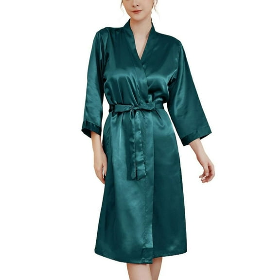 SWSMCLT Women's Belt Loops Bath Robe Belted Light Medium Bathrobe Comfy Home Cool Chic 3/4 Sleeve Dark Green Medium