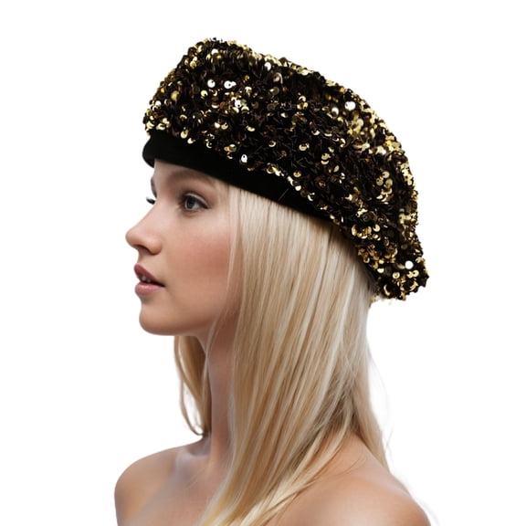 SWSMCLT Women's Beret HatMardi Gras Hat Winter Cap Party Sequin Disco Fashion Metallic Classic Anti Slip Golden One Size