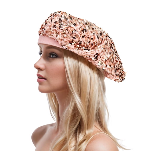 SWSMCLT Women's Beret HatMardi Gras Hat Winter Cap Party Sequin Disco Fashion Metallic Classic Anti Slip Pink One Size