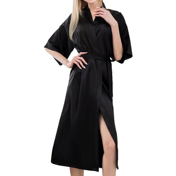 SWSMCLT Women's Billowy Bath Robe Chic Elasthane Elbow Sleeve Bathrobe Bathrobes Belted Calf Length Comfy Black Medium
