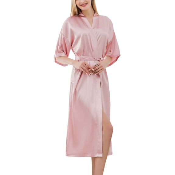 SWSMCLT Women's Billowy Bath Robe Chic Elasthane Elbow Sleeve Bathrobe Bathrobes Belted Calf Length Comfy Dark Pink X-Large