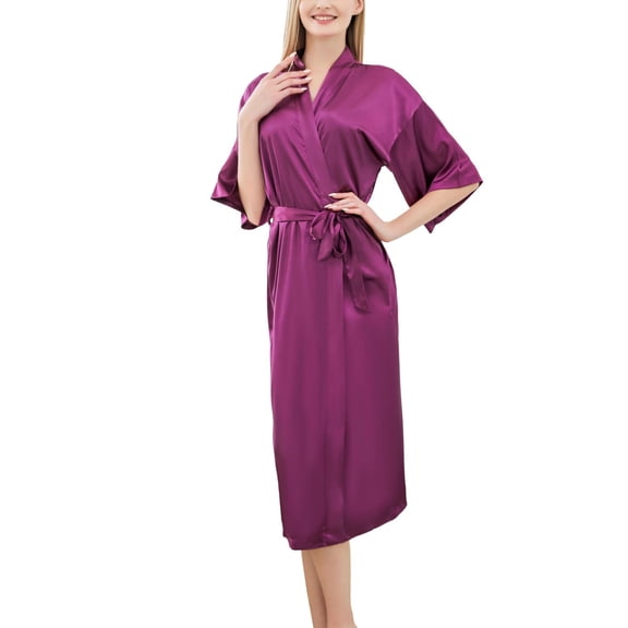 SWSMCLT Women's Billowy Bath Robe Chic Elasthane Elbow Sleeve Bathrobe Bathrobes Belted Calf Length Comfy Purple X-Large
