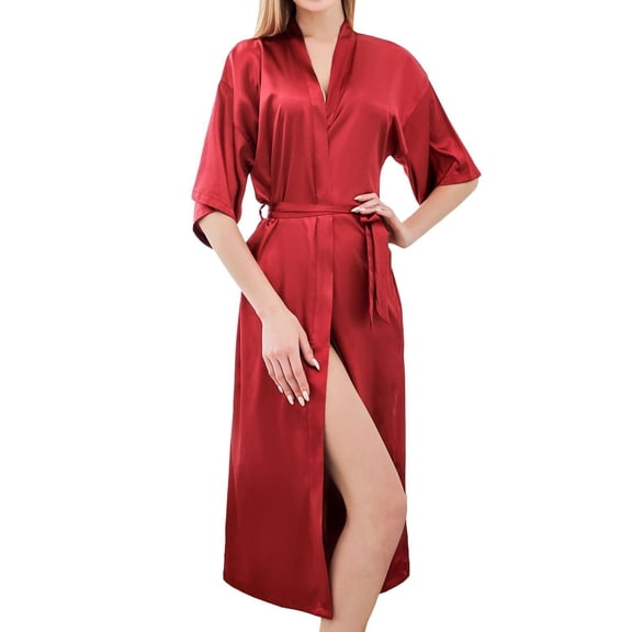 SWSMCLT Women's Billowy Bath Robe Chic Elasthane Elbow Sleeve Bathrobe Bathrobes Belted Calf Length Comfy Red X-Large