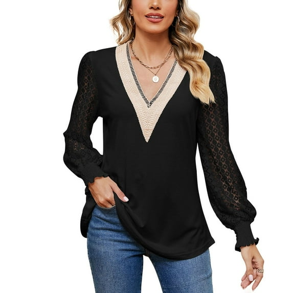 SWSMCLT Women's Billowy Blouse Date Elasthane Elegant Holiday Elastic Cuffs Lace Light Top 2025 Shirt Comfy Black XX-Large