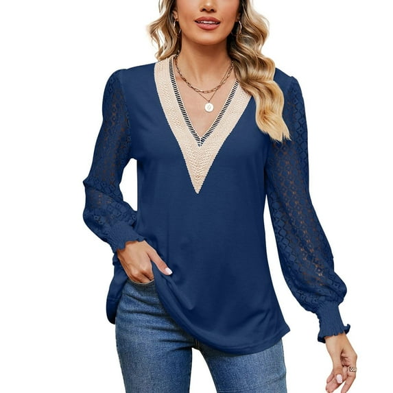 SWSMCLT Women's Billowy Blouse Date Elasthane Elegant Holiday Elastic Cuffs Lace Light Top 2025 Shirt Comfy Blue Medium