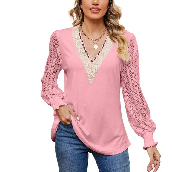 SWSMCLT Women's Billowy Blouse Date Elasthane Elegant Holiday Elastic Cuffs Lace Light Top 2025 Shirt Comfy Pink XX-Large