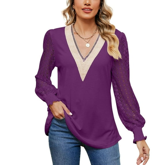 SWSMCLT Women's Billowy Blouse Date Elasthane Elegant Holiday Elastic Cuffs Lace Light Top 2025 Shirt Comfy Purple Medium