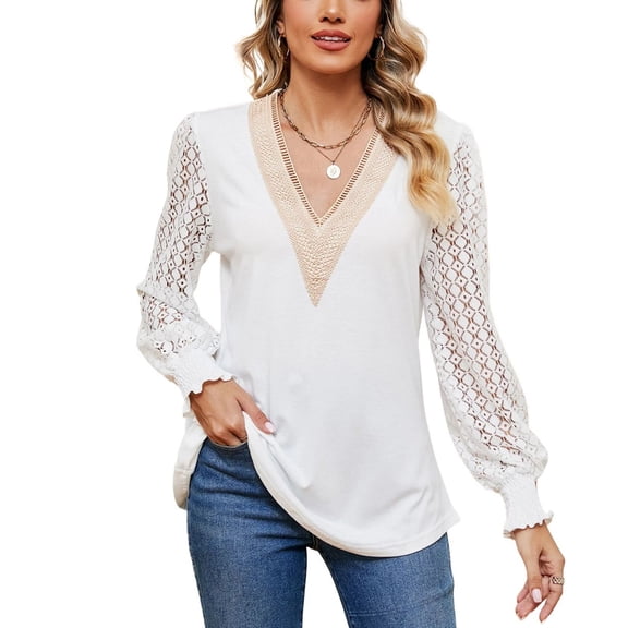 SWSMCLT Women's Billowy Blouse Date Elasthane Elegant Holiday Elastic Cuffs Lace Light Top 2025 Shirt Comfy White X-Large