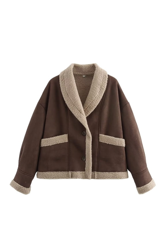Women's Billowy Coat Fleece Jacket Chic Outerwear Cold Weather Casual Comfy Fall Drop Shoulder Chunky Faux Leather Top Coffee Small