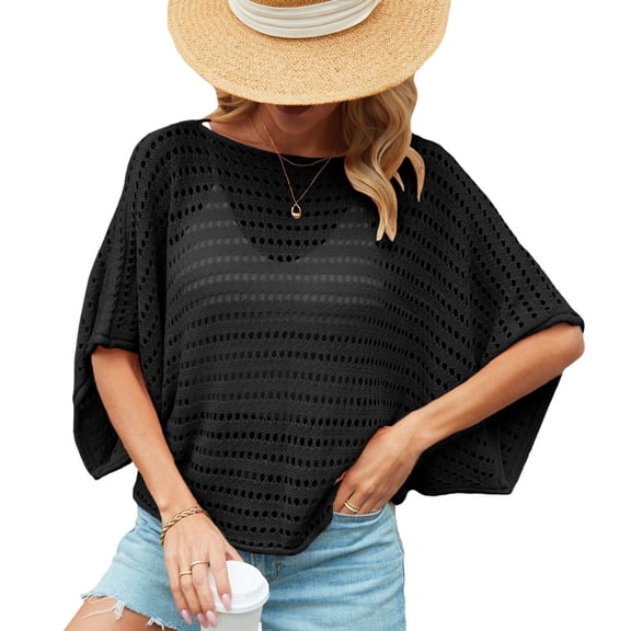 SWSMCLT Women's Billowy Knitwear Cable Knit Batwing Sleeves Cool Chic Date Crew Neck Tshirt Boat Neck Tee Black Large