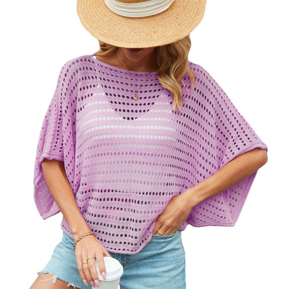 SWSMCLT Women's Billowy Knitwear Cable Knit Batwing Sleeves Cool Chic Date Crew Neck Tshirt Boat Neck Tee Purple Medium