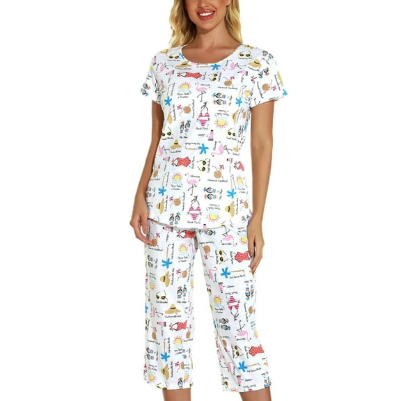 SWSMCLT Women's Billowy Loungewear Capri Pajama Set Cute Pajama Set Breathable Elastic Calf Length Chic Patterned5 3X-Large
