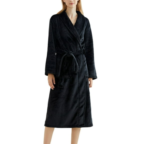 SWSMCLT Women's Billowy Plush Bath Robe Chic Bathrobes Home Long Sleeve Lapel Nightwear Chunky Calf Length Comfy Black Large