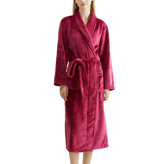 SWSMCLT Women's Billowy Plush Bath Robe Chic Bathrobes Home Long Sleeve Lapel Nightwear Chunky Calf Length Comfy Red Medium