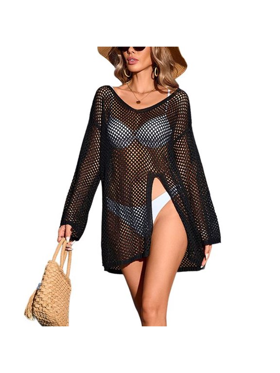 Women's Billowy Spring Break Cable Knit Holiday Cover Up Dress Bathing Suit Cool Cut Out Baggy Drop Shoulder Black One Size