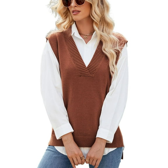SWSMCLT Women's Billowy Vest Chic Sweater Oversize Deep V Neck Sleeveless Fall Spring Top Casual High Low Carame X-Large