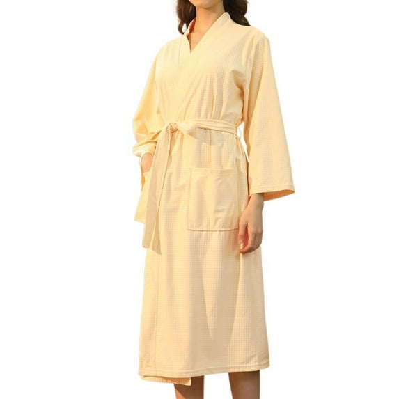 SWSMCLT Women's Billowy Waffle Bathrobe Comfy Home Belted Chic Fall Sleeping Long Sleeve Nightwear Calf Length Bath Robe Apricot Small-Medium