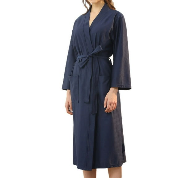 SWSMCLT Women's Billowy Waffle Bathrobe Comfy Home Belted Chic Fall Sleeping Long Sleeve Nightwear Calf Length Bath Robe Navy XX-Large-3X-Large