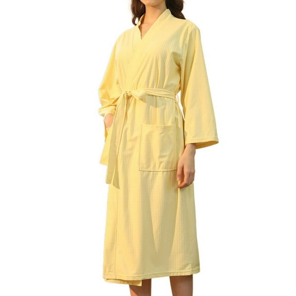 SWSMCLT Women's Billowy Waffle Bathrobe Comfy Home Belted Chic Fall Sleeping Long Sleeve Nightwear Calf Length Bath Robe Yellow Large-X-Large
