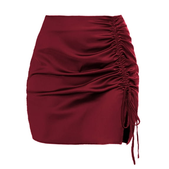 SWSMCLT Women's Bodycon Satin Slit Party Sexy Cocktail Metallic Skirt Pleated High Waist Fashion Zip Up Fitted Burgundy 8-10