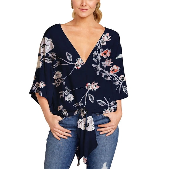 SWSMCLT Women's Boho Floral Blouse V Neck Shirt Casual Fall Chiffon Summer Printed Shirt 3/4 Sleeve Sexy Peasant Navy 22
