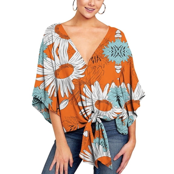 SWSMCLT Women's Boho Floral Blouse V Neck Shirt Casual Fall Chiffon Summer Printed Shirt 3/4 Sleeve Sexy Peasant Yellow 14