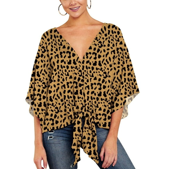 SWSMCLT Women's Boho Floral Blouse V Neck Shirt Casual Fall Chiffon Summer Printed Shirt 3/4 Sleeve Sexy Peasant Yellow Leopard 16