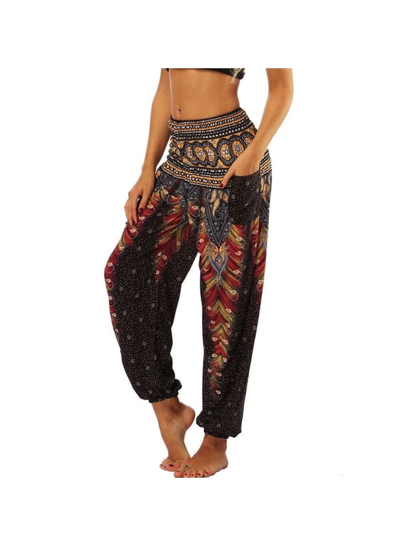 Women's Boho Harem Pants Elastic Genie Summer Casual Hippie Yoga Beach Pants Pocket Smocked Waisted Comfy Style4 Small-X-Large