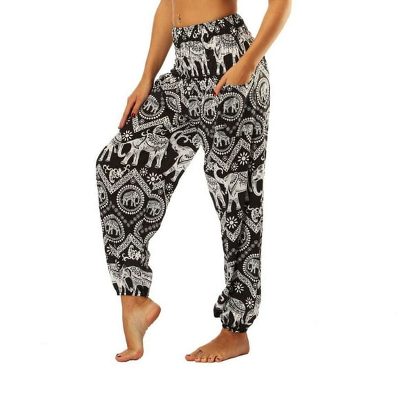 SWSMCLT Women's Boho Harem Pants Elastic Genie Summer Casual Hippie Yoga Beach Pants Pocket Smocked Waisted Comfy Style8 Small-X-Large