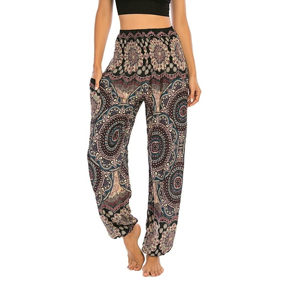 SWSMCLT Women's Boho Harem Yoga Pants Indian Smocked Waist Baggy Bohemian Buddha Gypsy Balloon Pocket Thai Hippie Beach Print Bloomers LoungeTrousers A-Patterned11 Small-Large