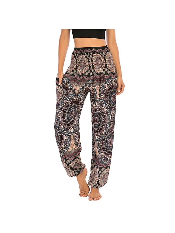 Women's Boho Harem Yoga Pants Indian Smocked Waist Baggy Bohemian Buddha Gypsy Balloon Pocket Thai Hippie Beach Print Bloomers LoungeTrousers A-Patterned11 Small-Large