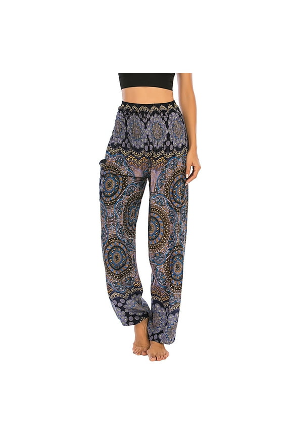 Women's Boho Harem Yoga Pants Indian Smocked Waist Baggy Bohemian Buddha Gypsy Balloon Pocket Thai Hippie Beach Print Bloomers LoungeTrousers A-Patterned14 Small-Large